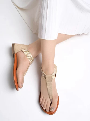 Stylish Ethnic Cream Flat Sandals For Women & Girls