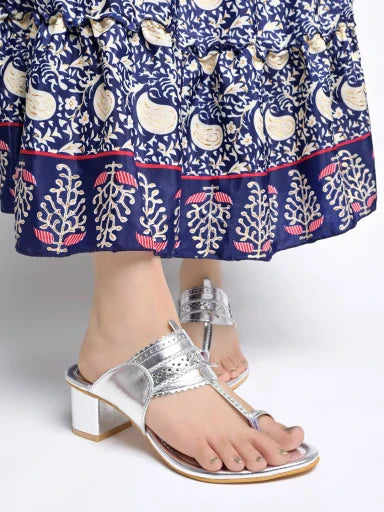 Shoetopia - Classic Heeled Silver Kolhapuri For Women & Girls