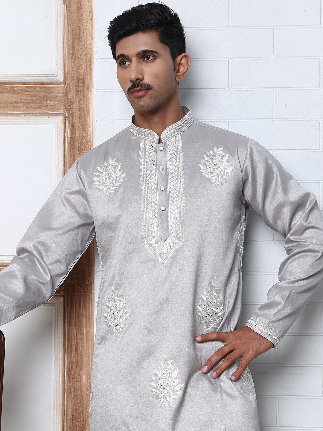 Men S Silk Blend Ethnic Embroidered Kurta Pyjama