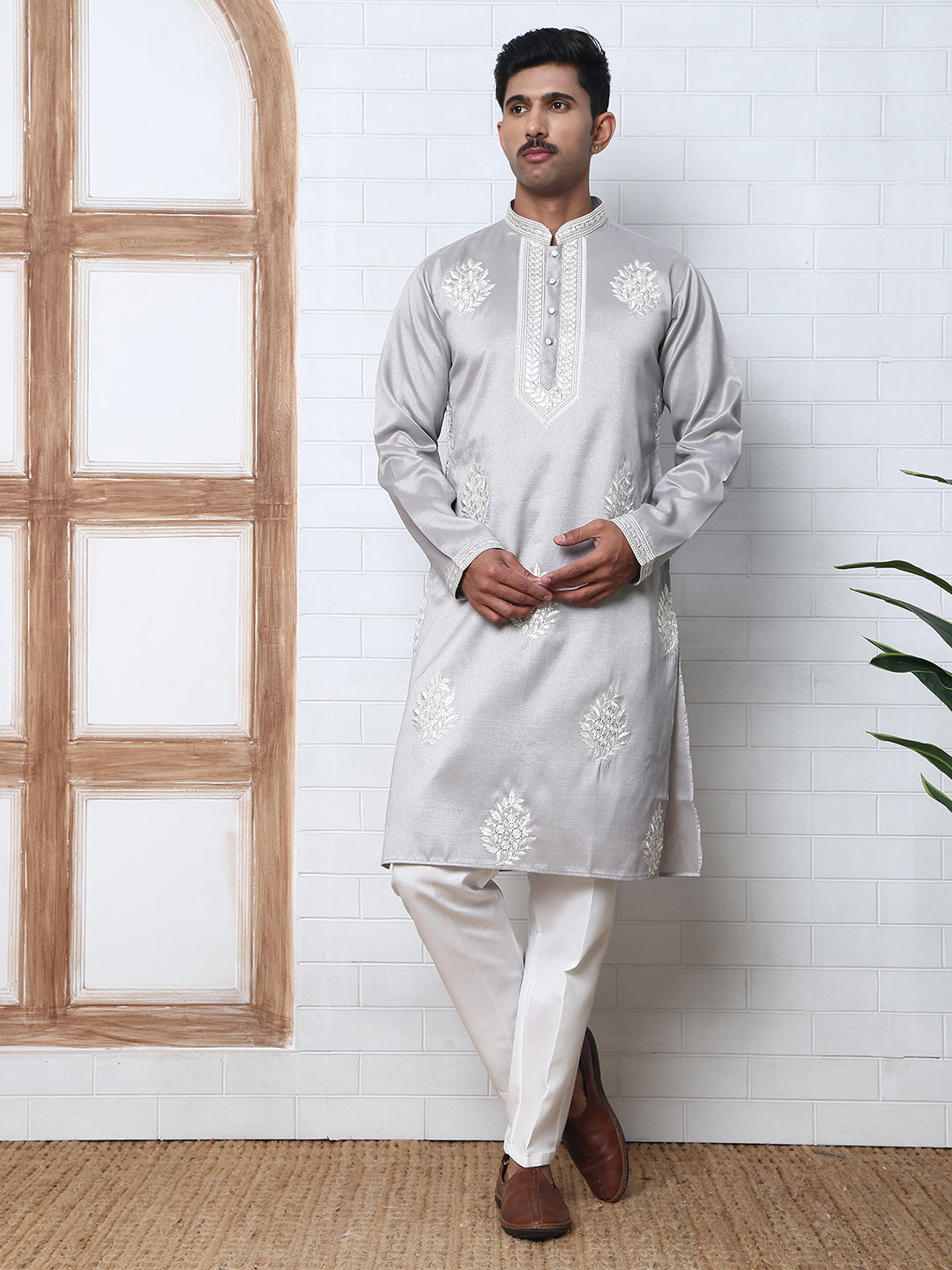 Men S Silk Blend Ethnic Embroidered Kurta Pyjama