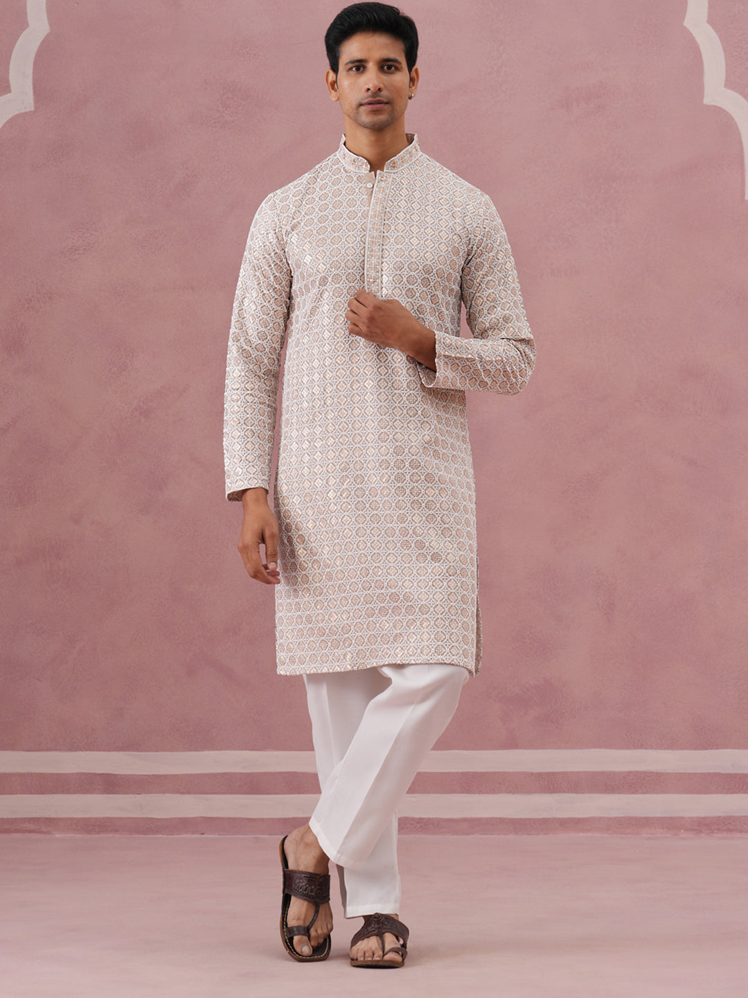 Men S Rayon Sequin Embroidered Kurta Pyjama
