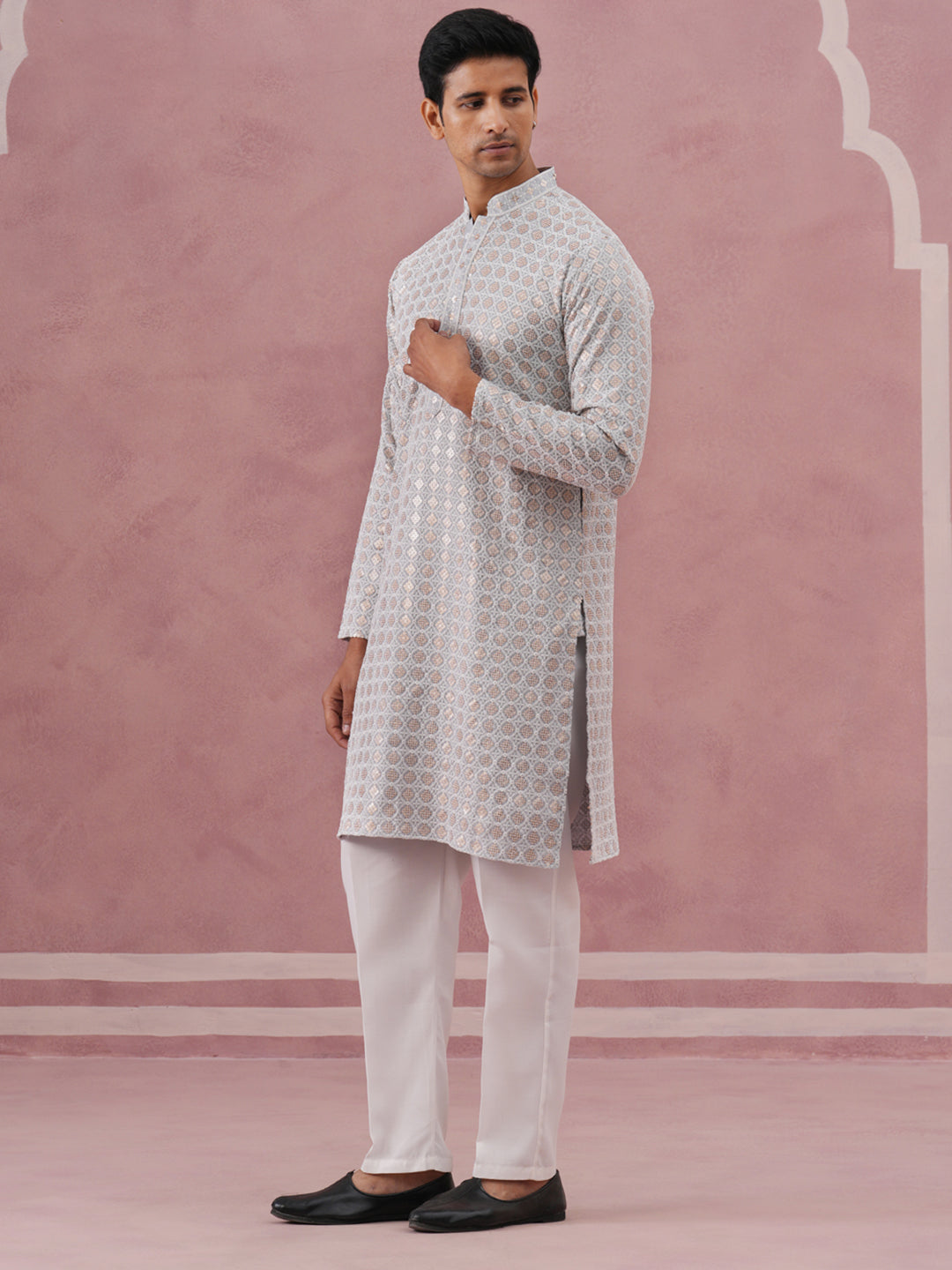 Men S Rayon Sequin Embroidered Kurta Pyjama
