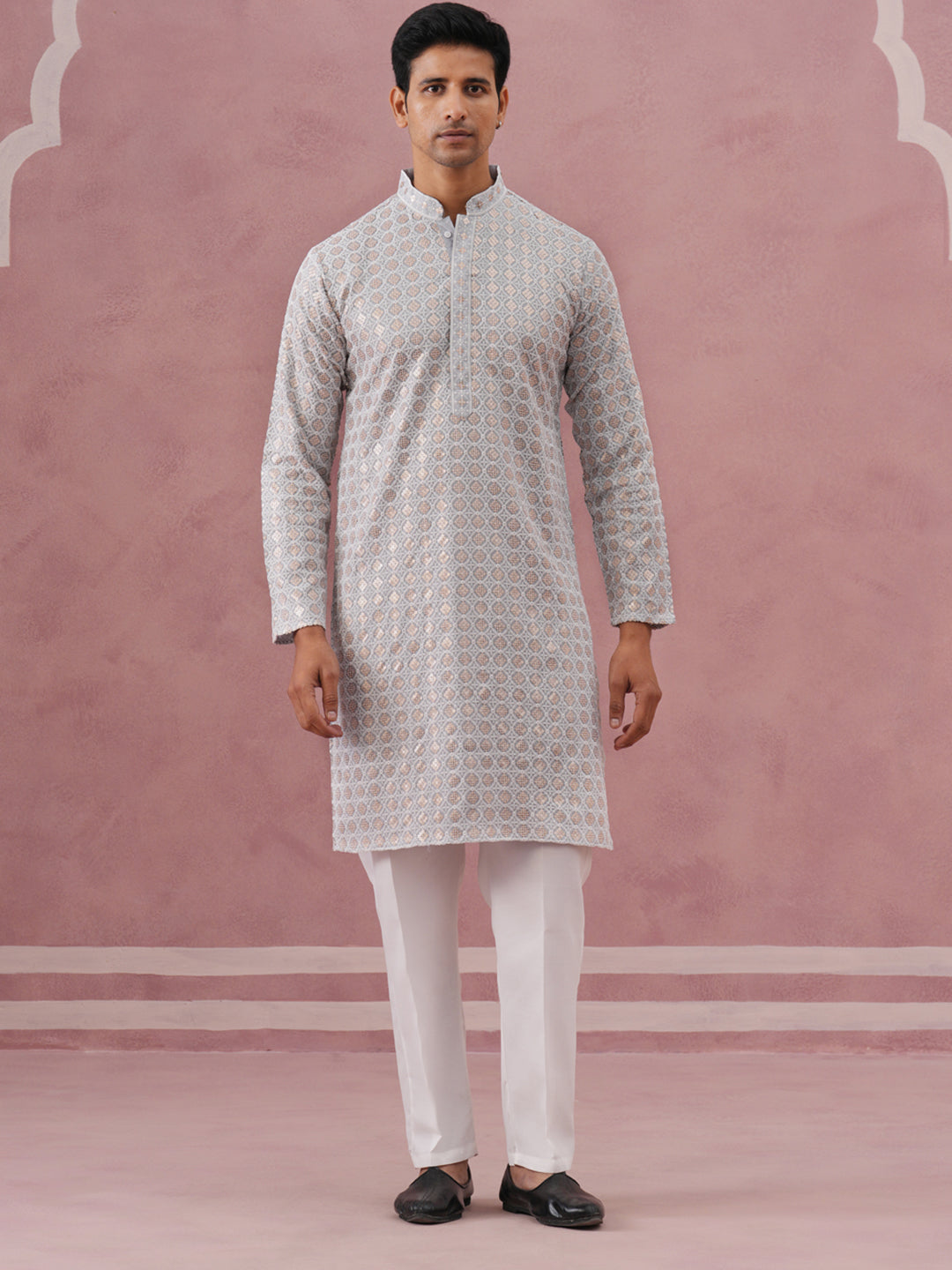 Men S Rayon Sequin Embroidered Kurta Pyjama