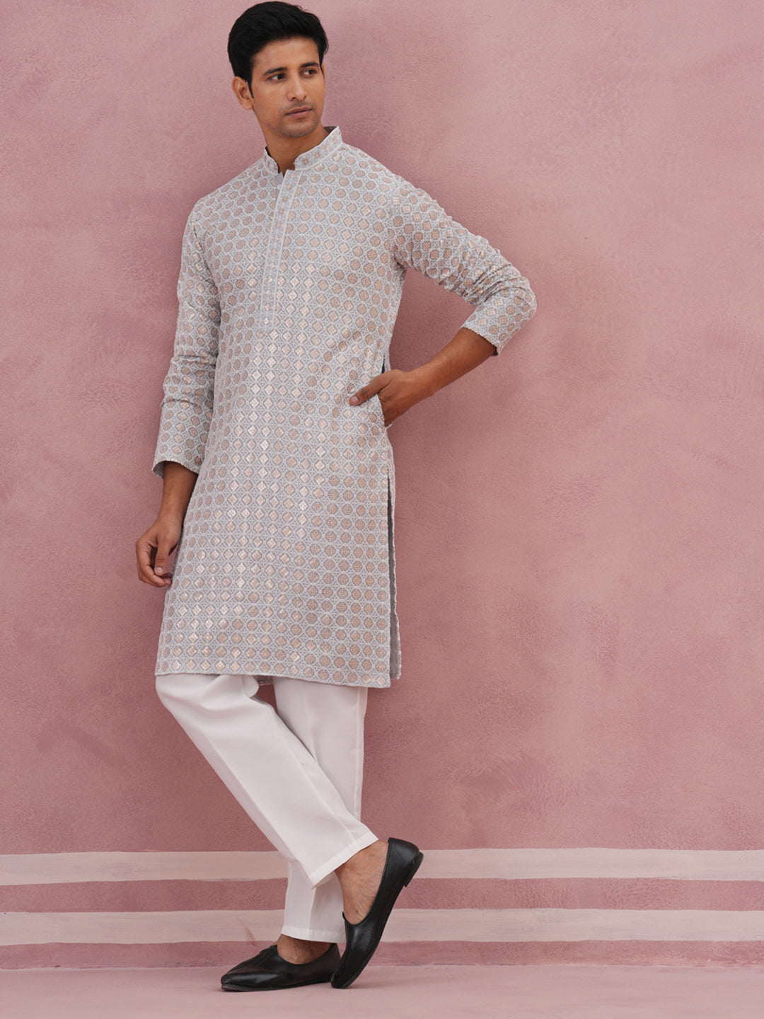 Men S Rayon Sequin Embroidered Kurta Pyjama