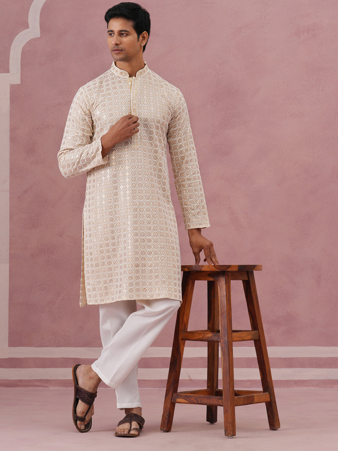 Men S Rayon Sequin Embroidered Kurta Pyjama