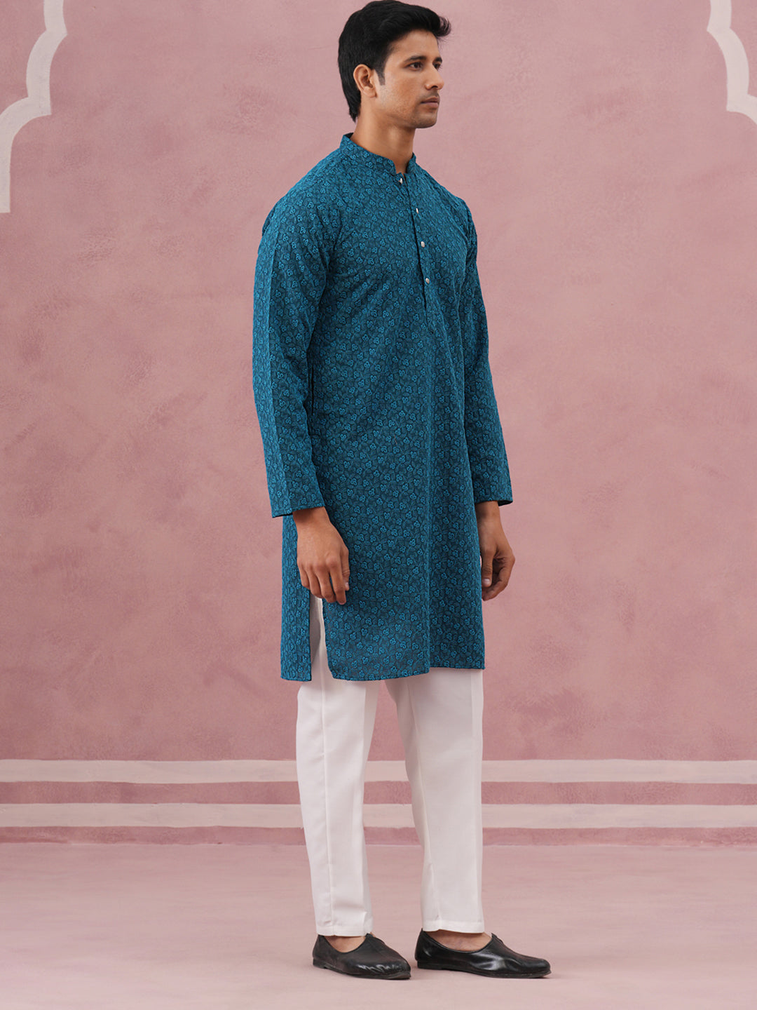 traditional cotton blend embroidered kurta pyjama