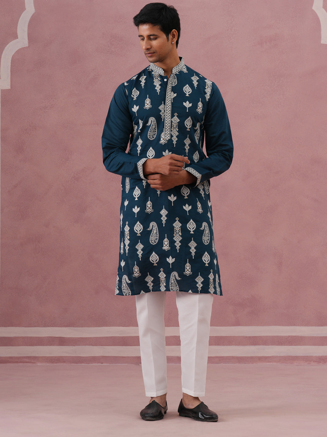 silk blend ethnic embroidered kurta pyjama for men