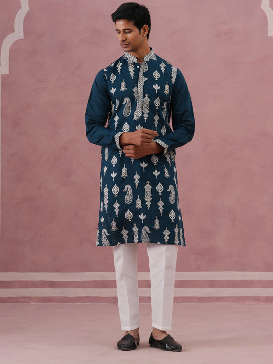 Silk Blend Ethnic Embroidered Kurta Pyjama For Men