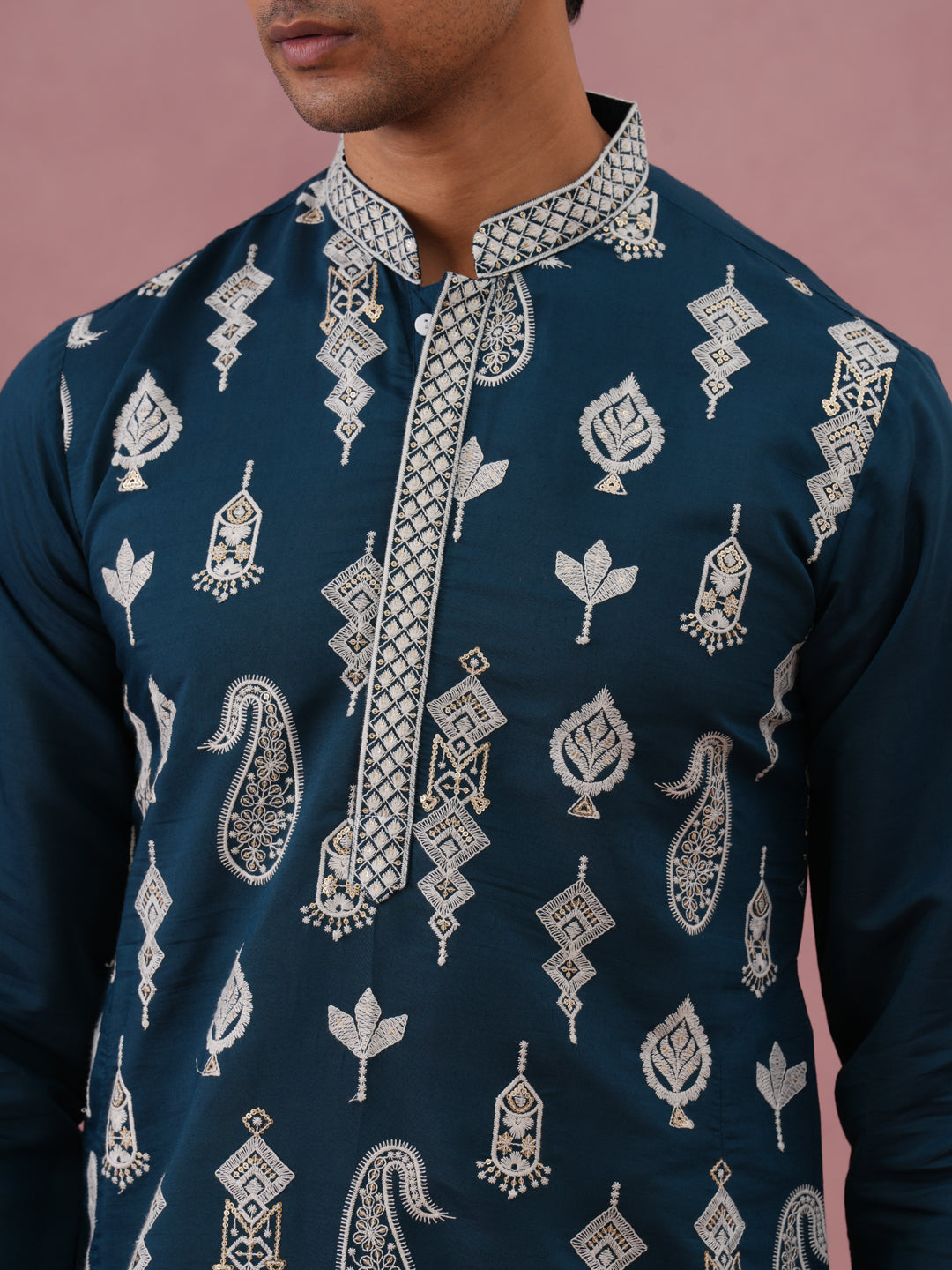 silk blend ethnic embroidered kurta pyjama for men