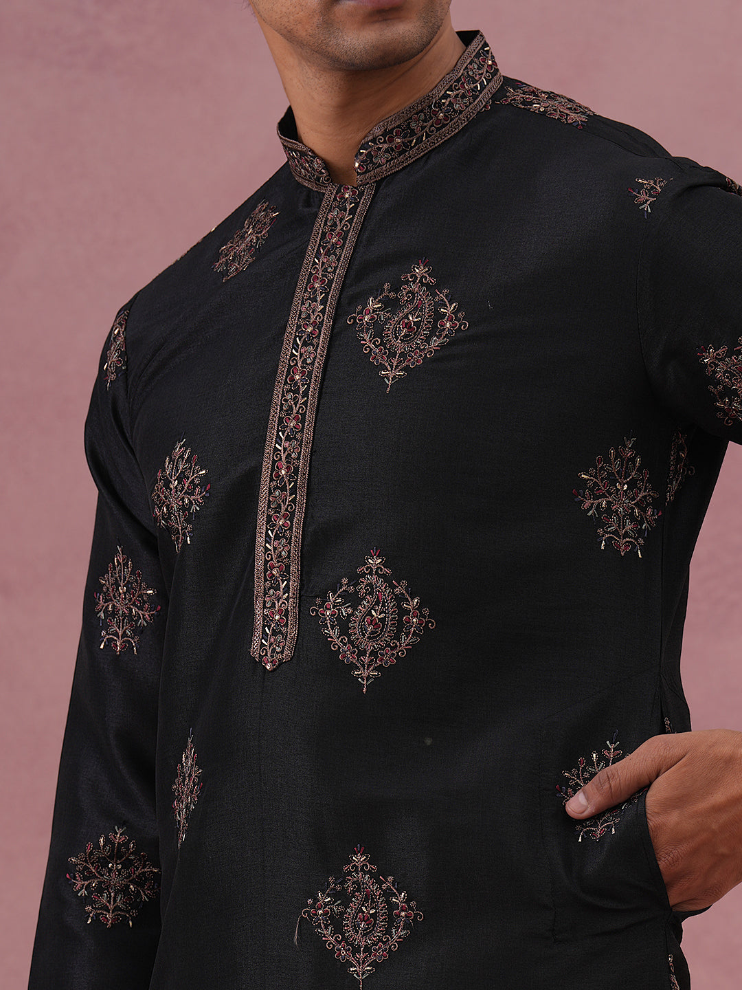 Silk Blend Black Kurta Pyjama Set For Men