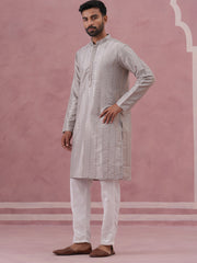 Traditional Silk Blend Silver Kurta Pyjama For Men