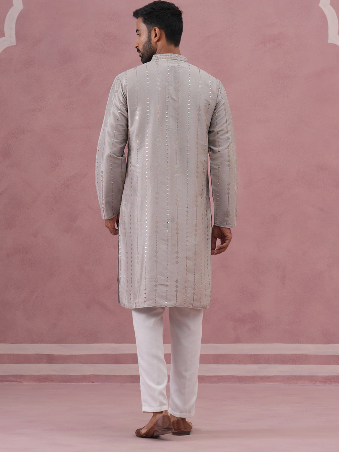 Traditional Silk Blend Silver Kurta Pyjama For Men