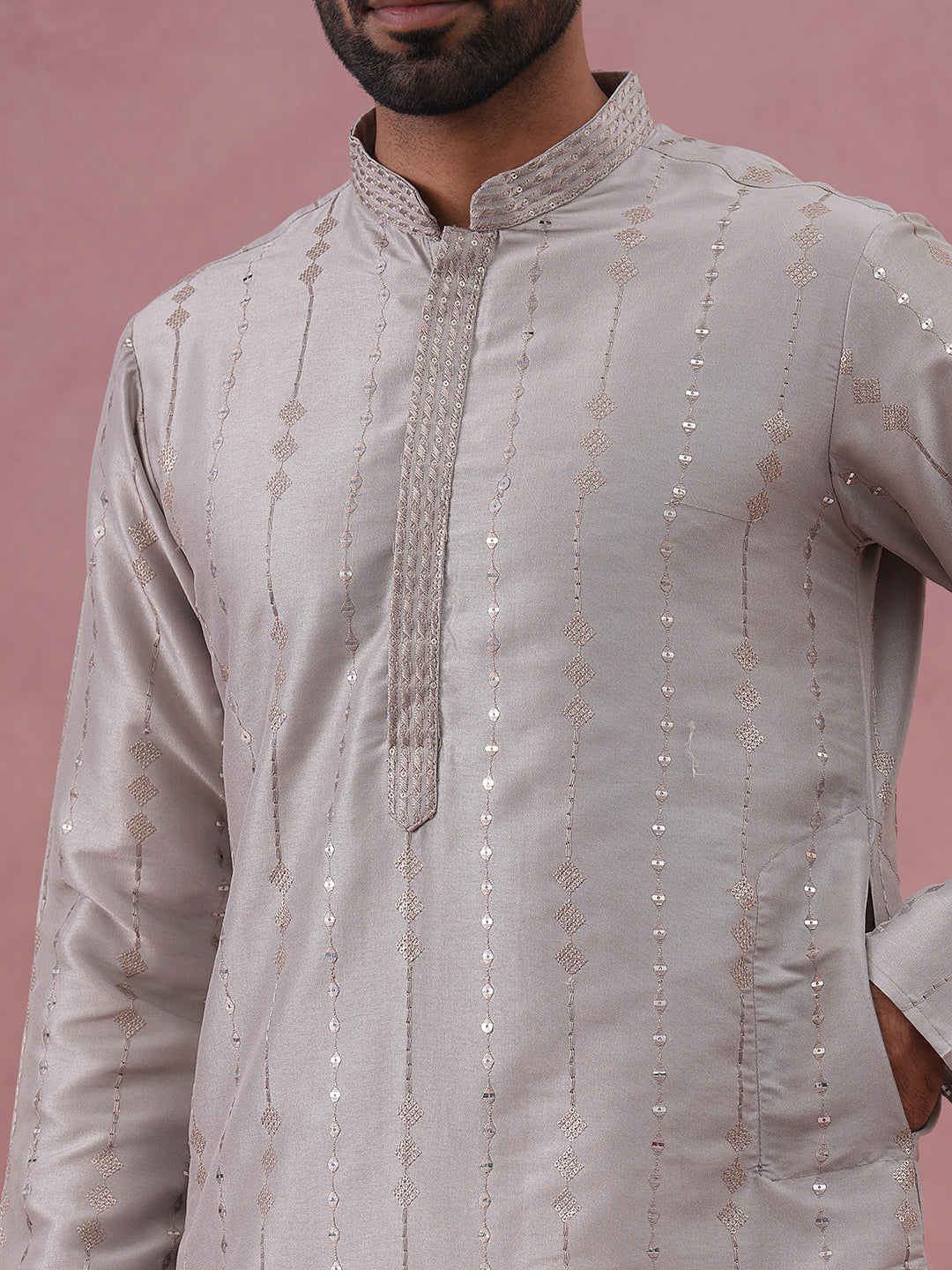 Traditional Silk Blend Silver Kurta Pyjama For Men