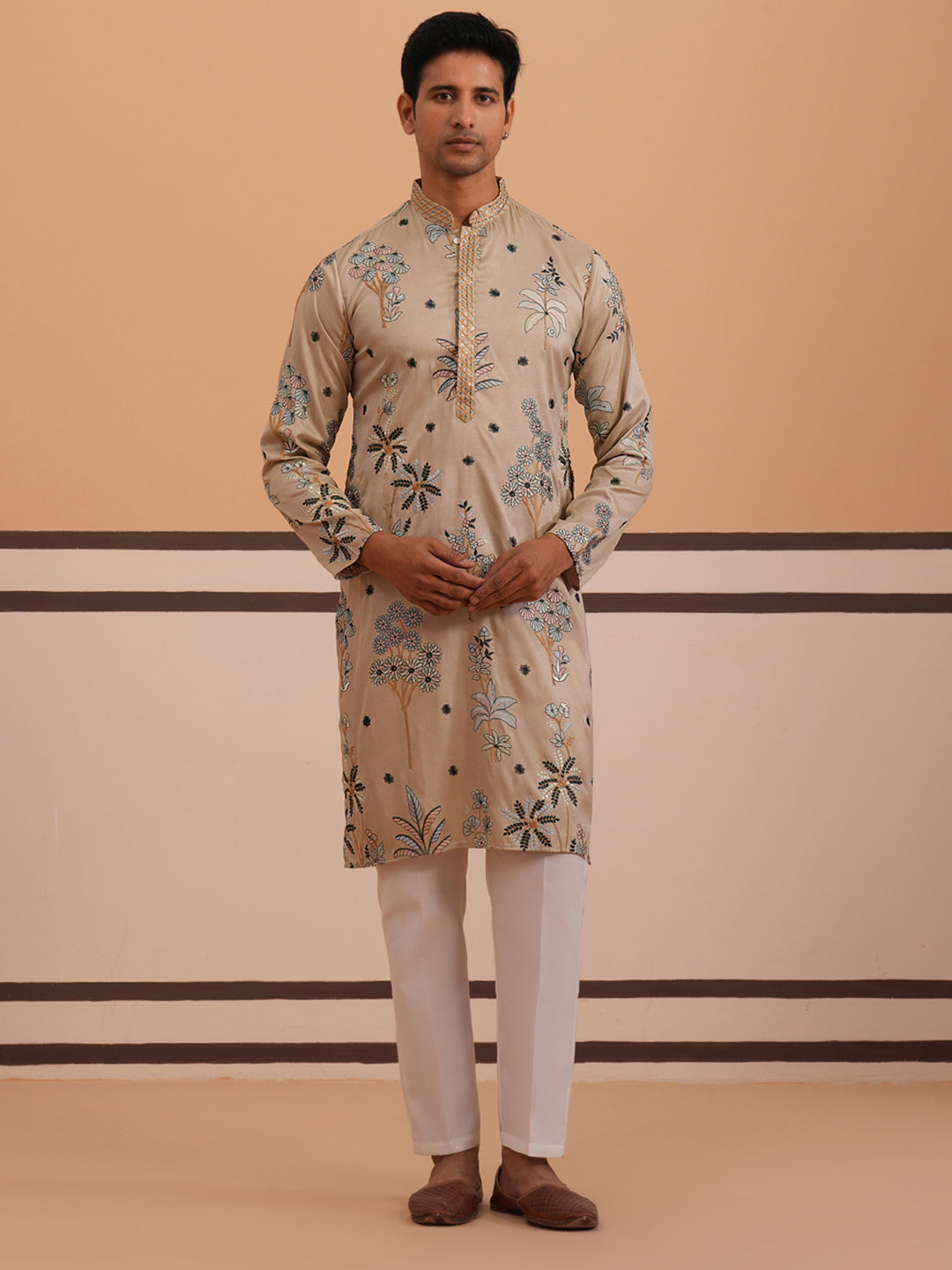Botanical Embroidered Cotton Blend Kurta Set For Men