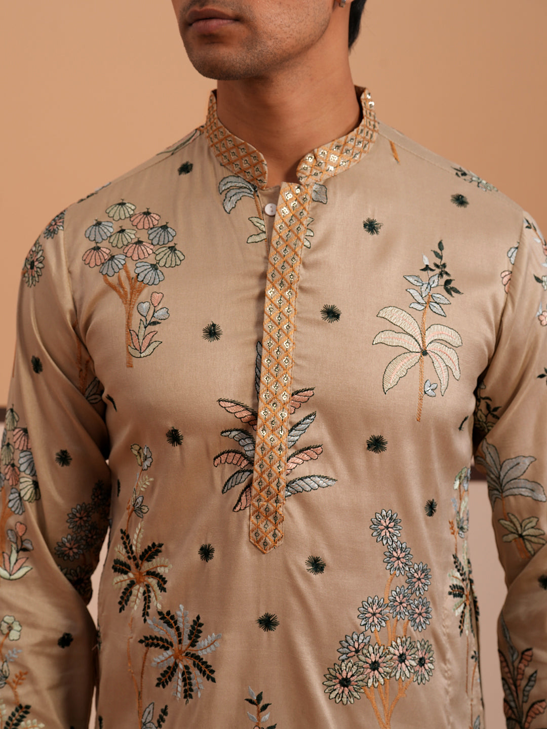 Botanical Embroidered Cotton Blend Kurta Set For Men