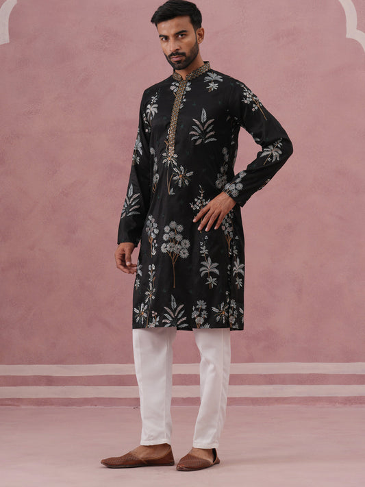 Botanical Embroidered Cotton Blend Kurta Set For Men