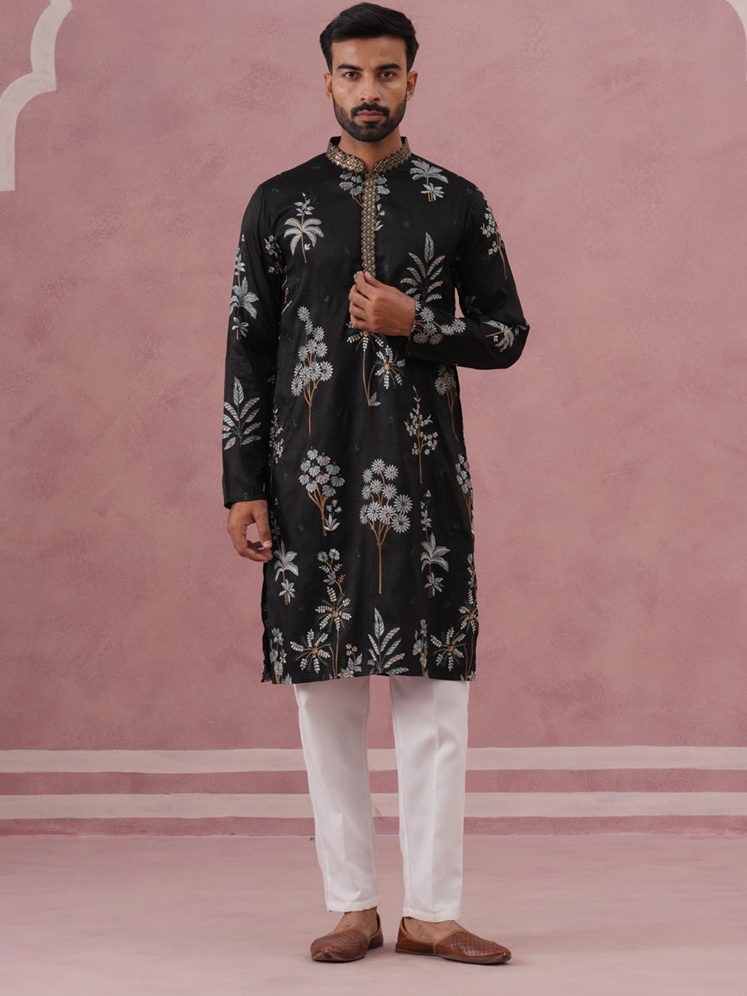 Botanical Embroidered Cotton Blend Kurta Set For Men