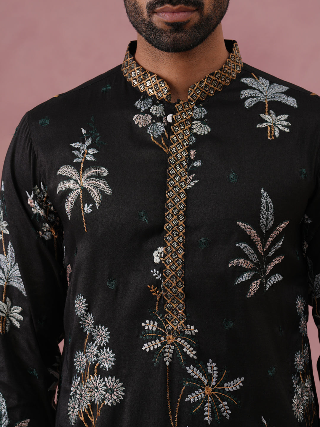 Botanical Embroidered Cotton Blend Kurta Set For Men