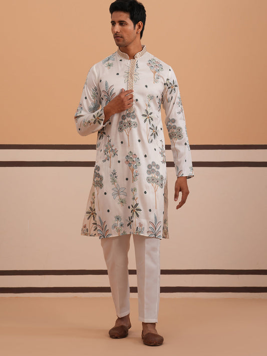 Botanical Embroidered Cotton Blend Kurta Set For Men