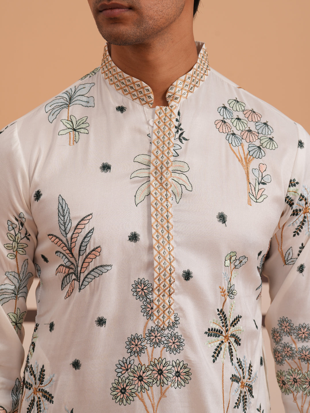 Botanical Embroidered Cotton Blend Kurta Set For Men