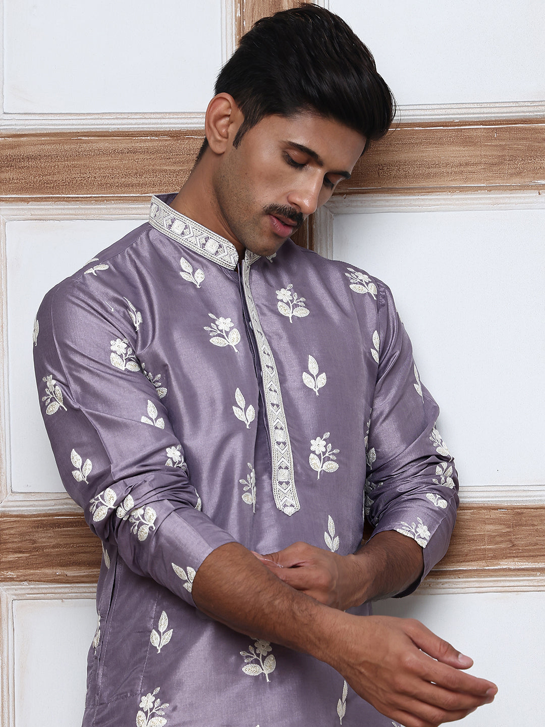 Men S Embroidered Silk Blend Kurta Pyjama