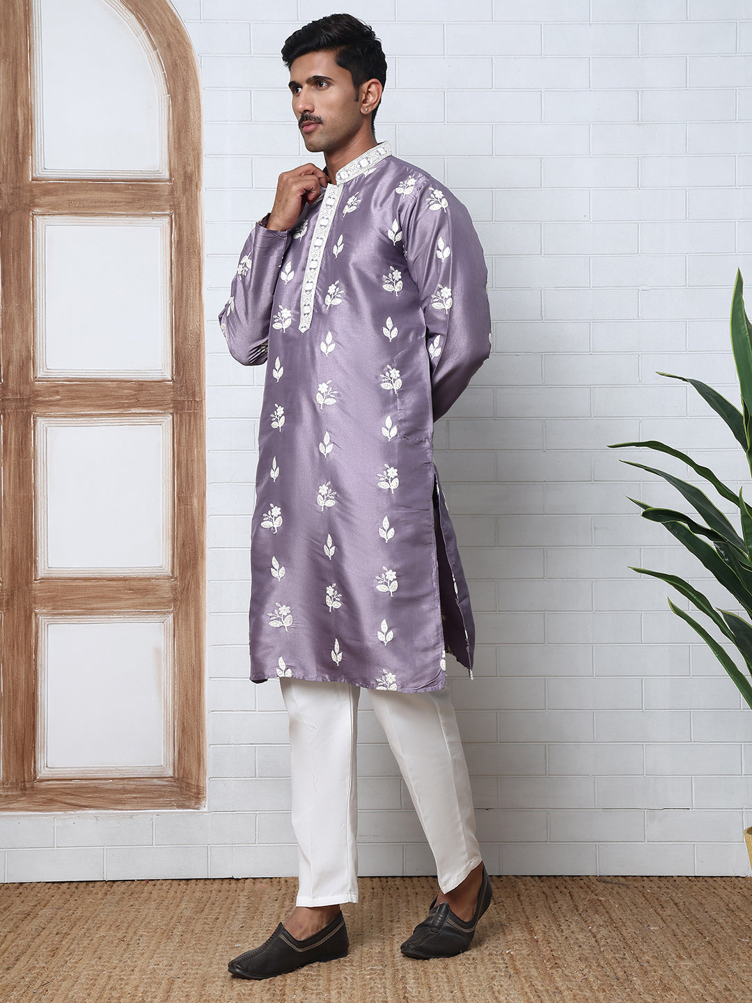 Men S Embroidered Silk Blend Kurta Pyjama