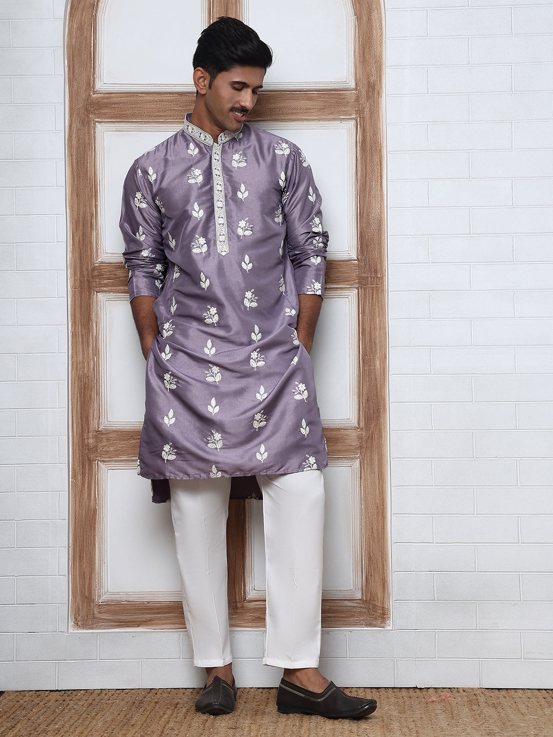 Men S Embroidered Silk Blend Kurta Pyjama
