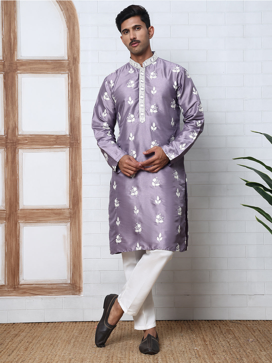 Men S Embroidered Silk Blend Kurta Pyjama