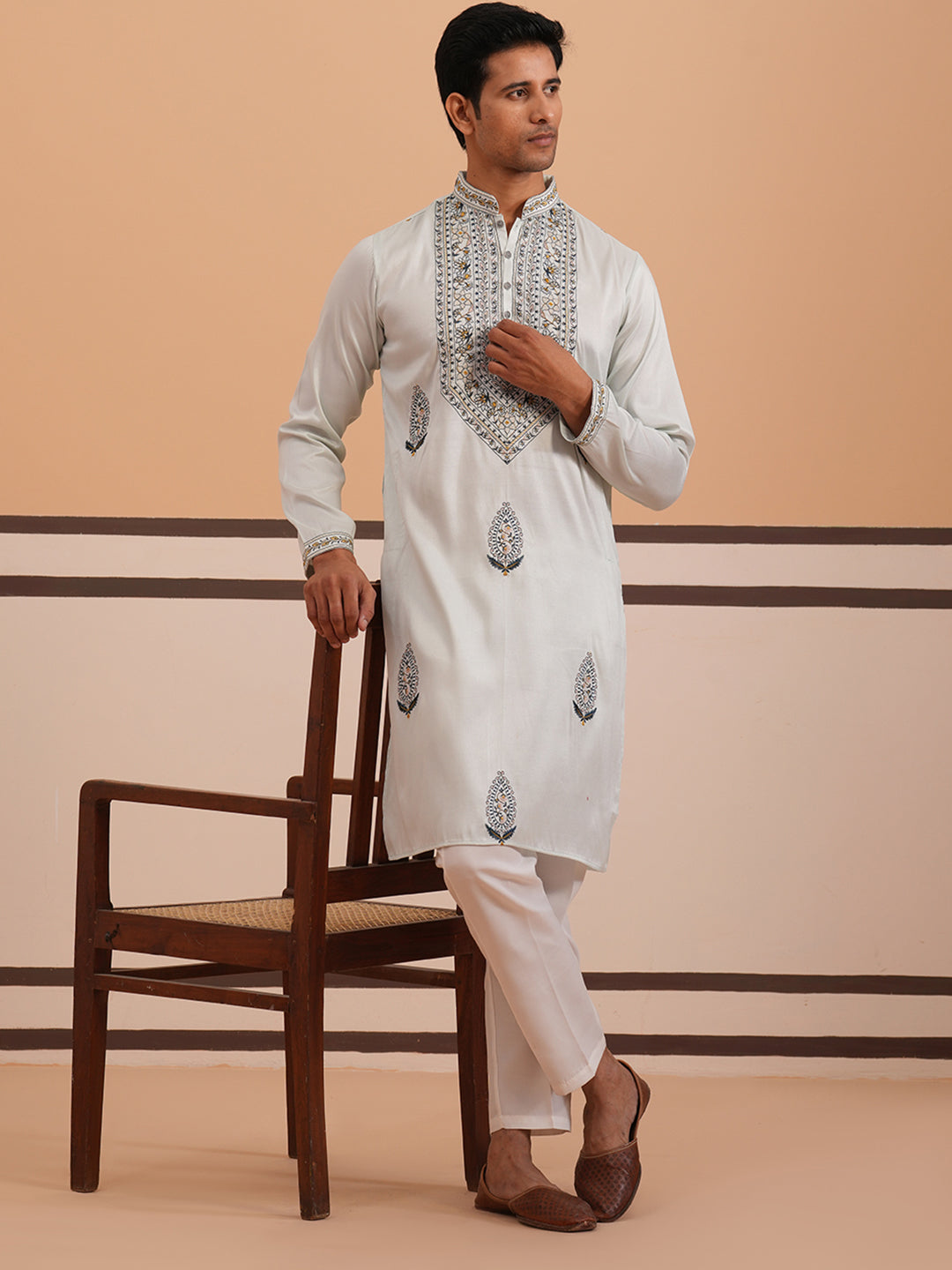 Traditional Embroidered Silk Blend Kurta Set