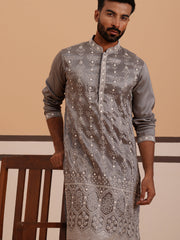 Festive Silk Blend Kurta Pyjama With Sequins Work