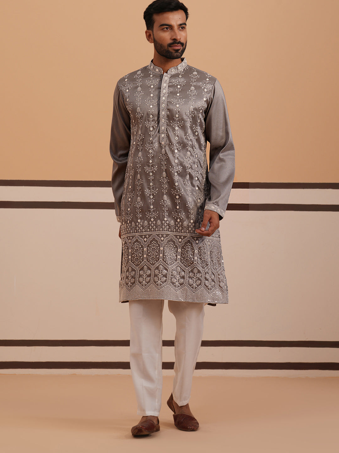 Festive Silk Blend Kurta Pyjama With Sequins Work