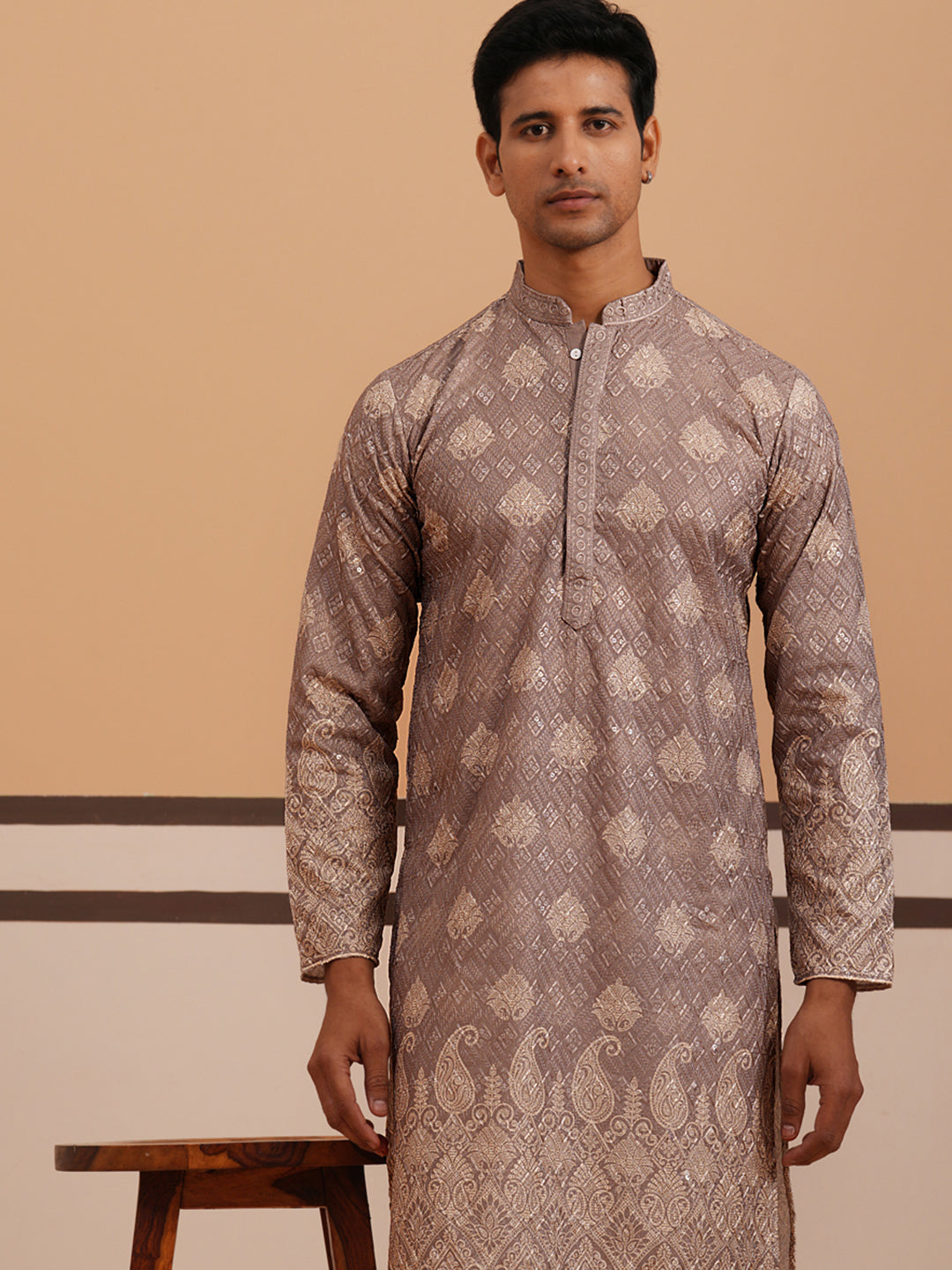 Embroidered Cotton Blend Kurta Pyjama With Paisley Design