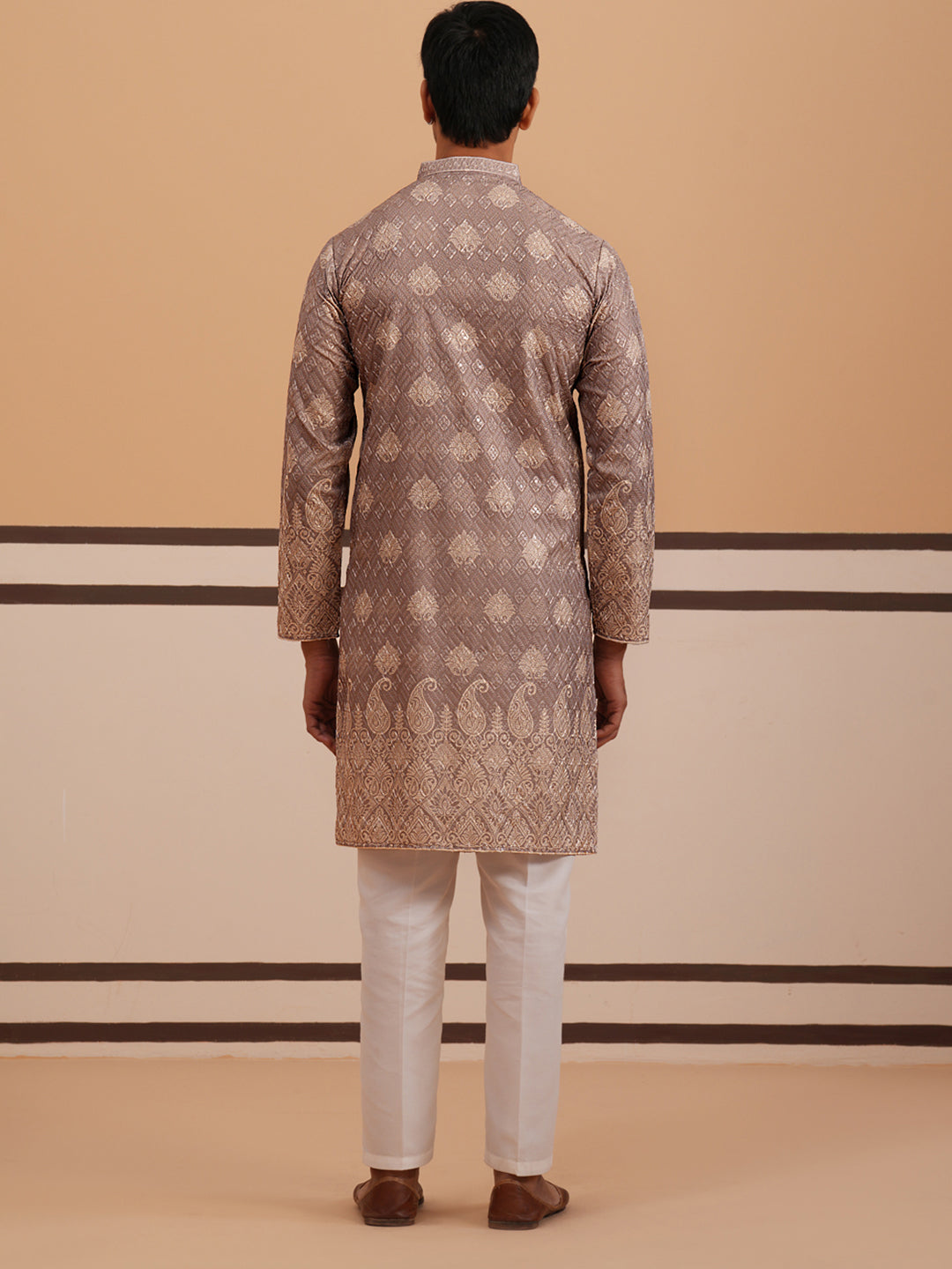 Embroidered Cotton Blend Kurta Pyjama With Paisley Design
