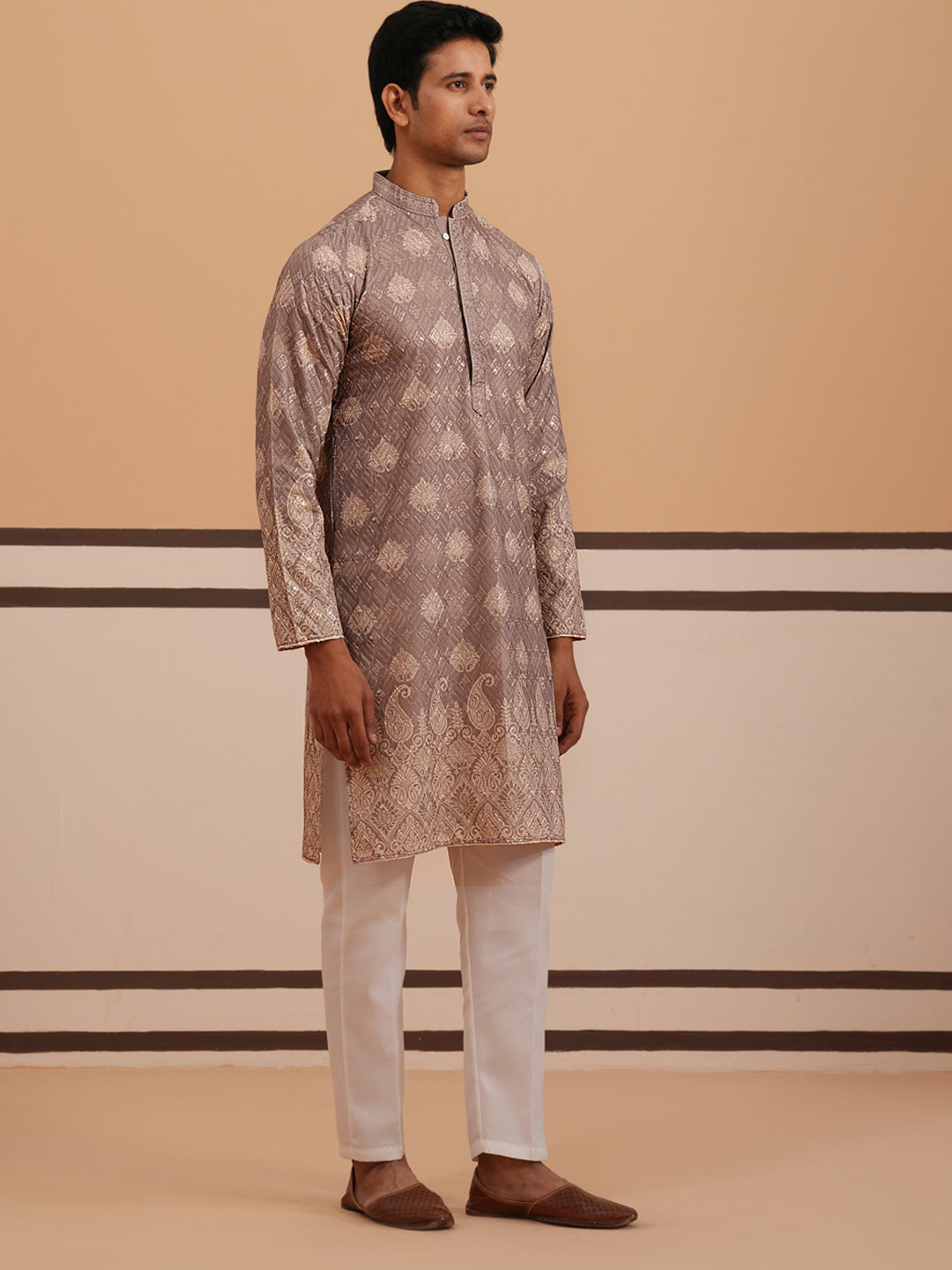 Embroidered Cotton Blend Kurta Pyjama With Paisley Design