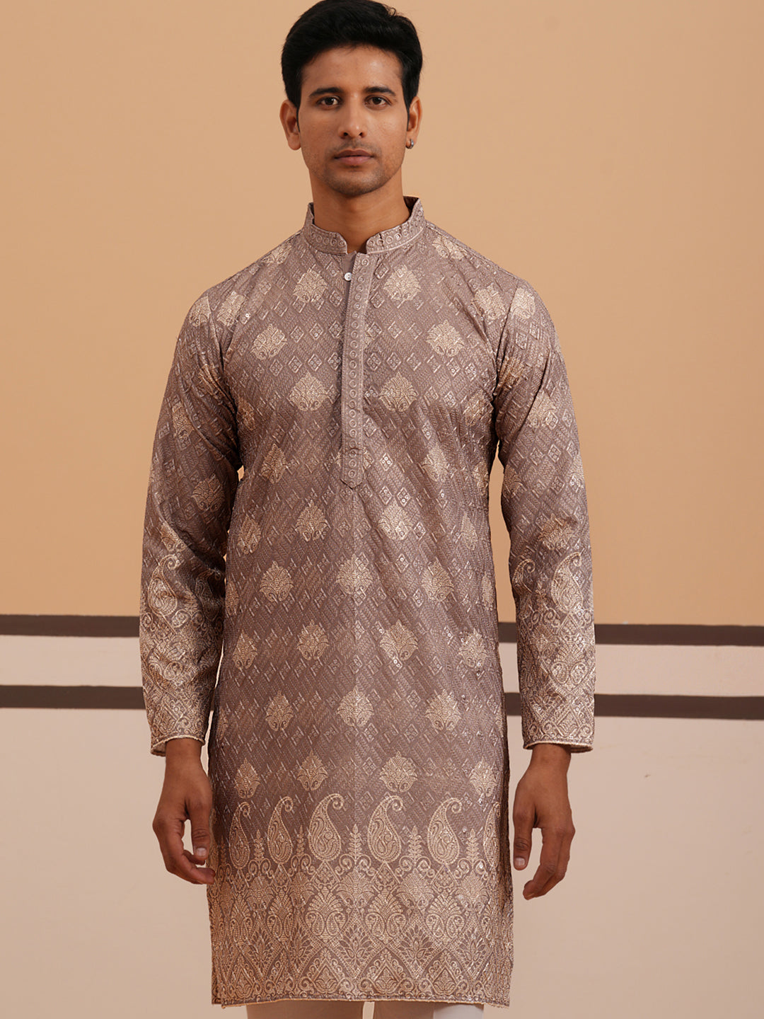 Embroidered Cotton Blend Kurta Pyjama With Paisley Design