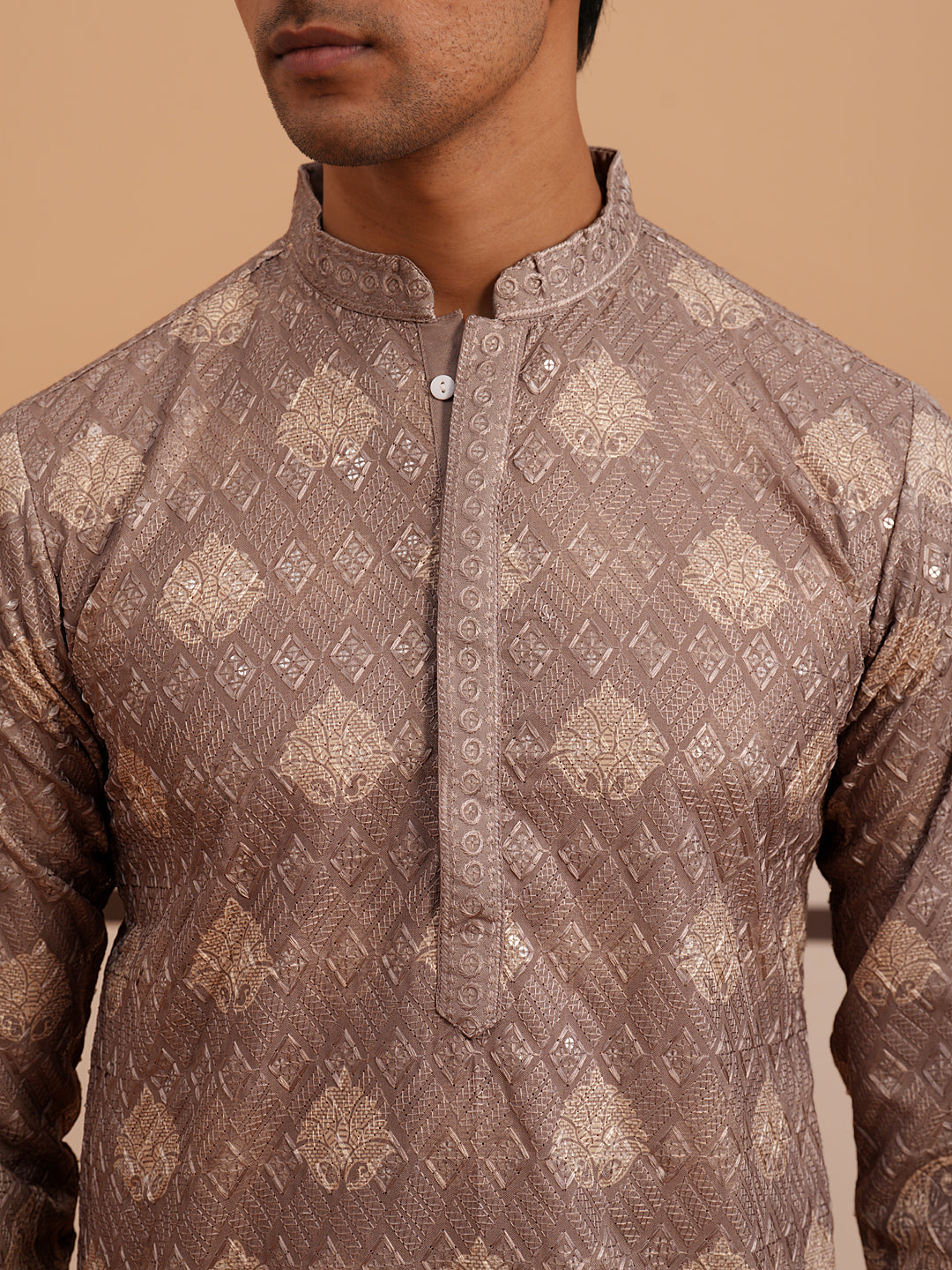 Embroidered Cotton Blend Kurta Pyjama With Paisley Design