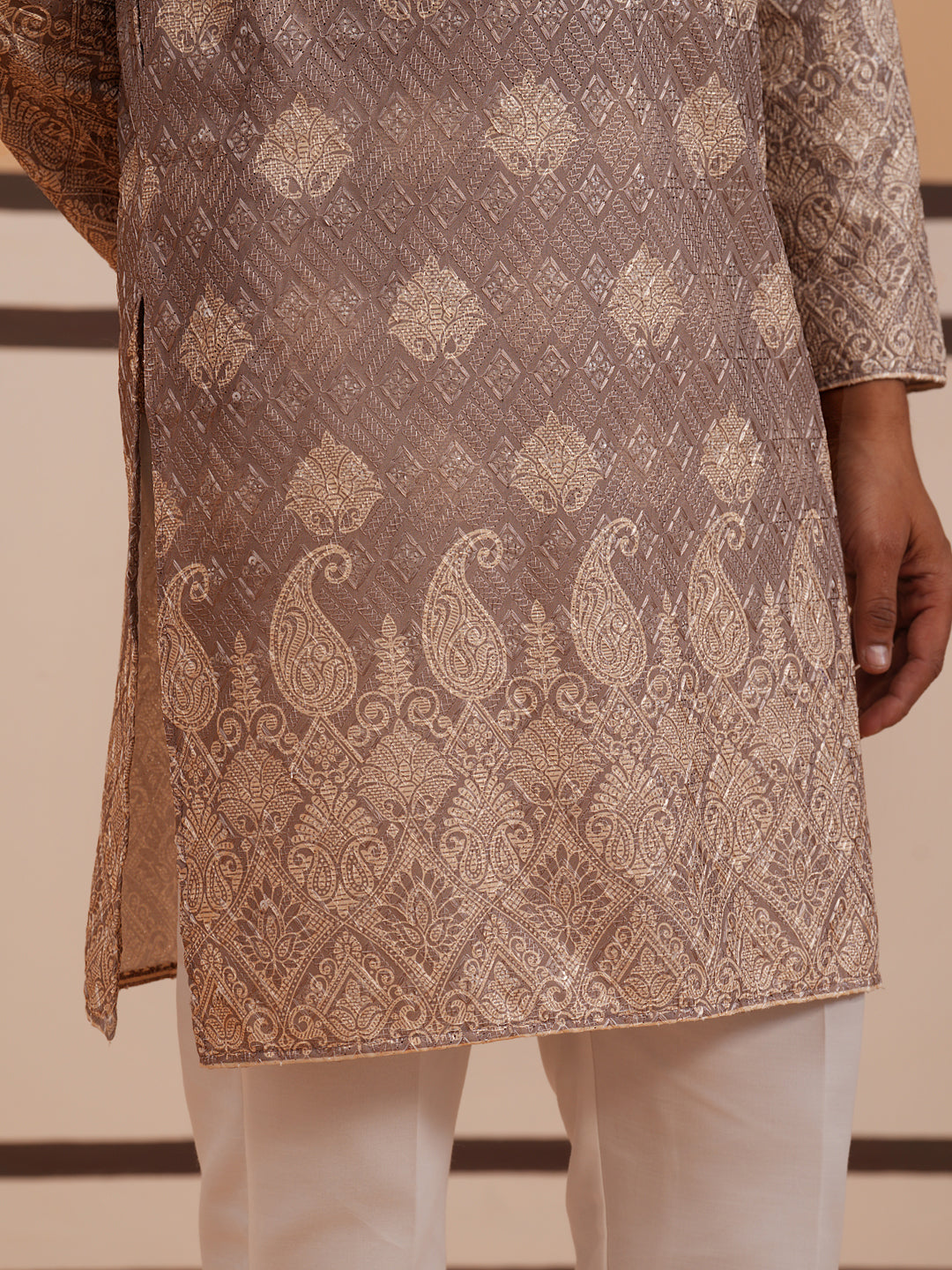 Embroidered Cotton Blend Kurta Pyjama With Paisley Design