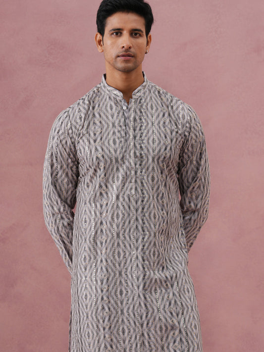 Grey Geometric Print Sequin Kurta Set