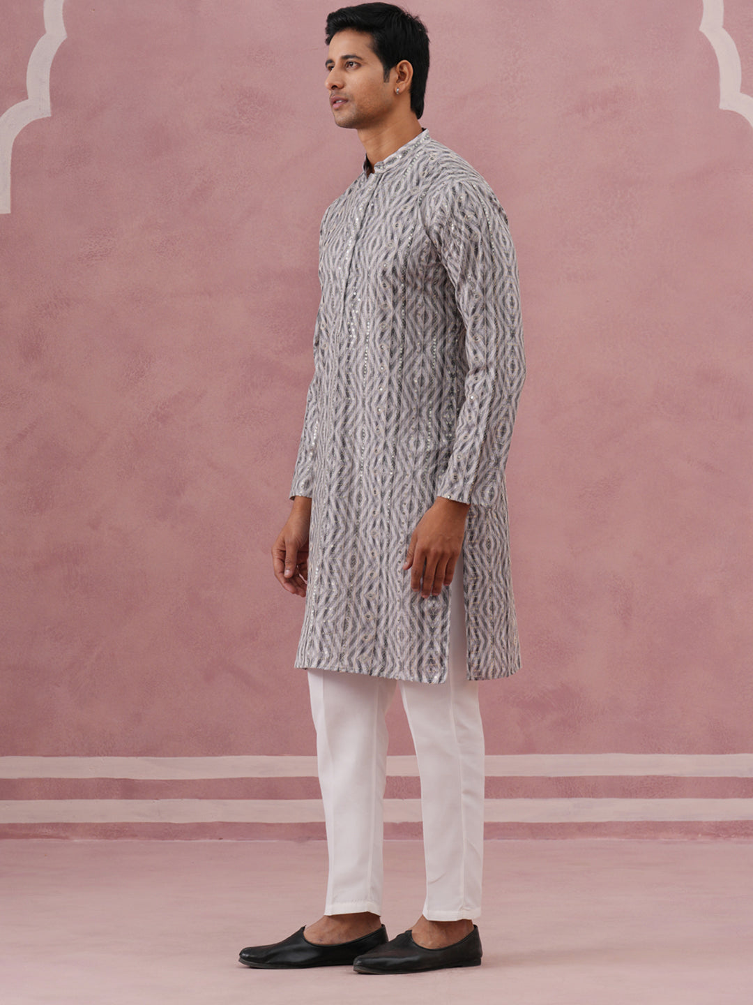 Grey Geometric Print Sequin Kurta Set