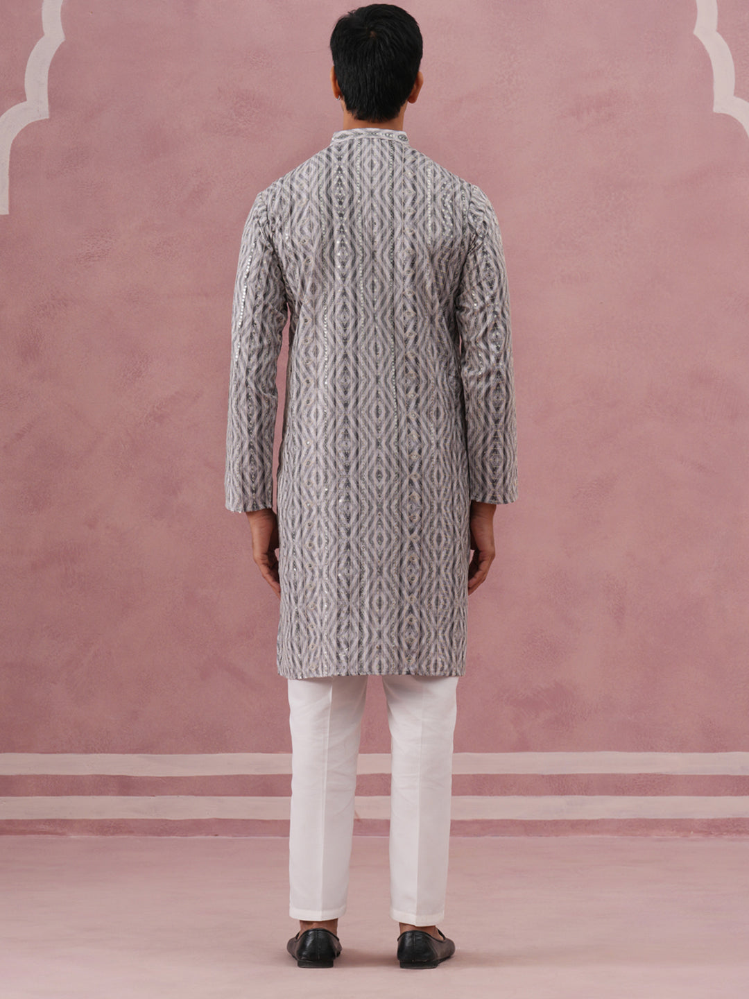 Grey Geometric Print Sequin Kurta Set