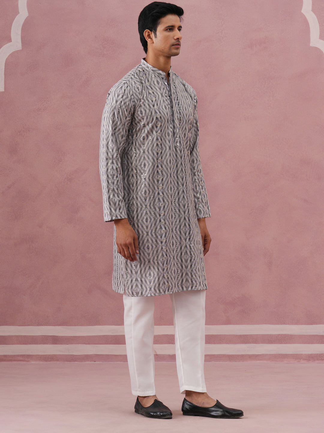 Grey Geometric Print Sequin Kurta Set