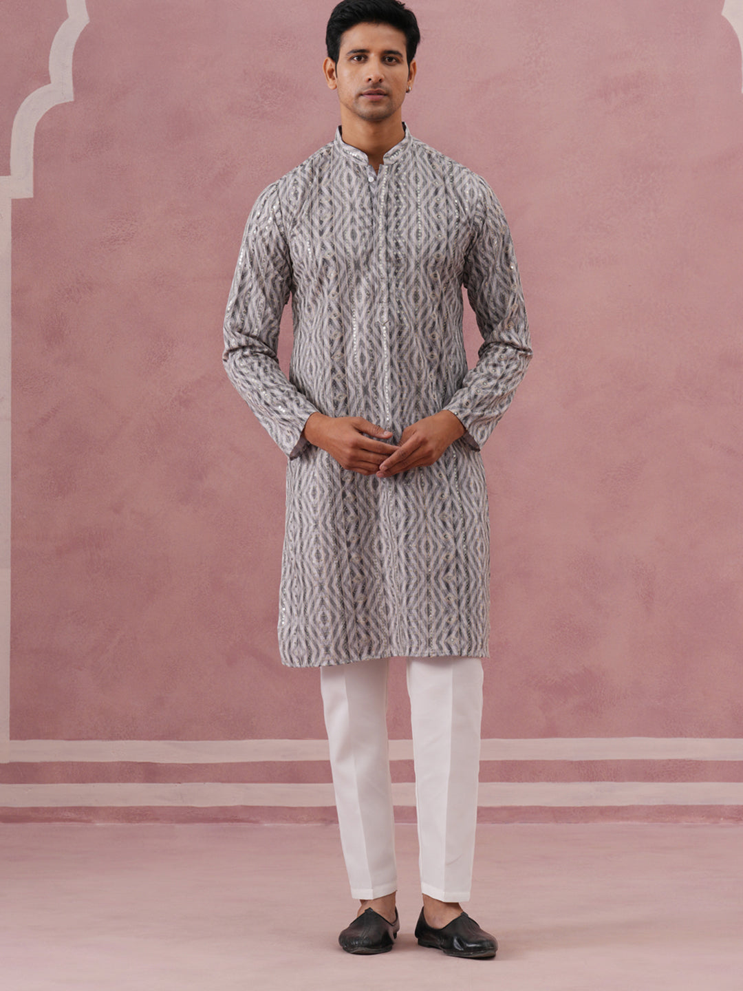 Grey Geometric Print Sequin Kurta Set