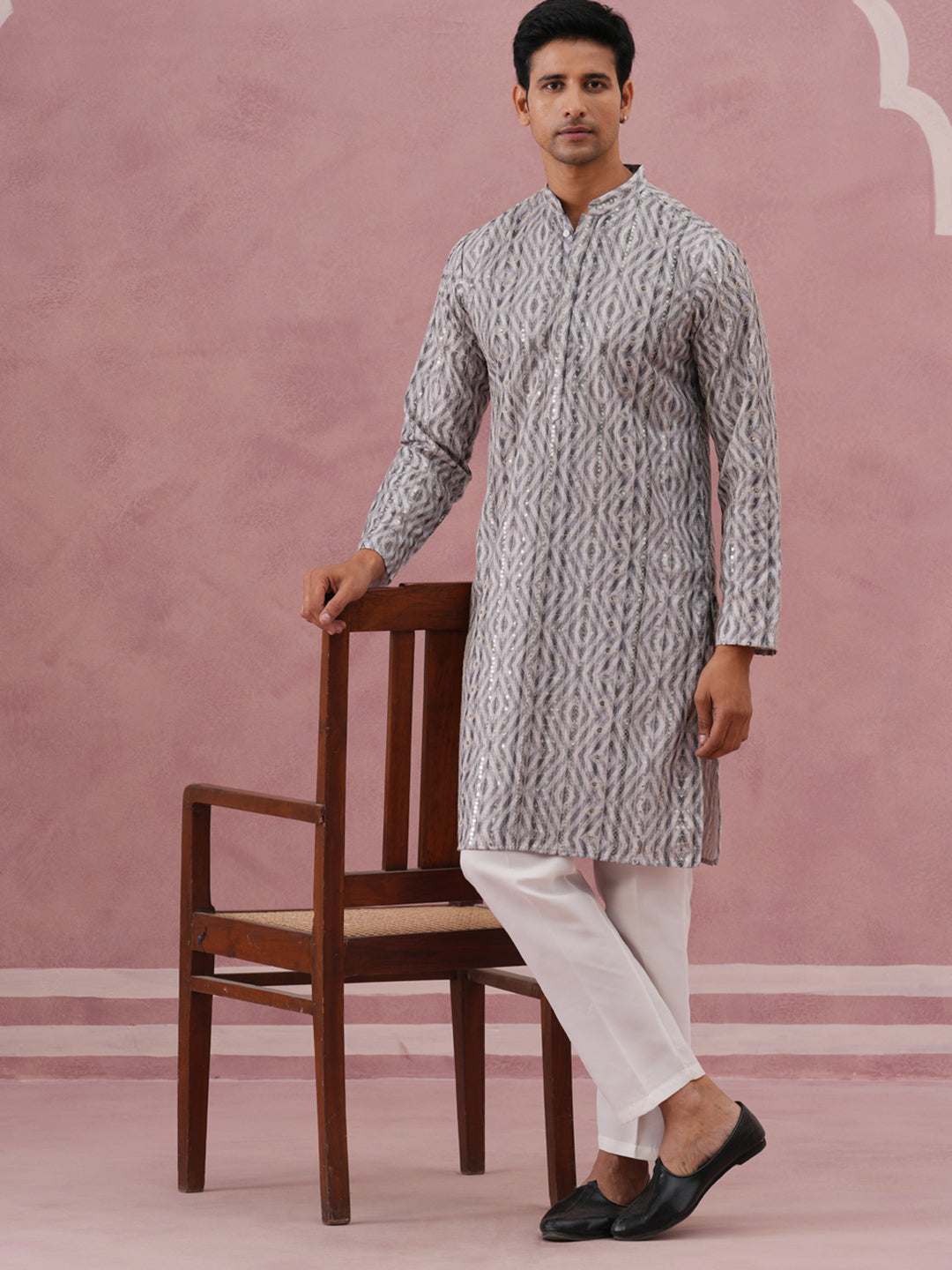 Grey Geometric Print Sequin Kurta Set