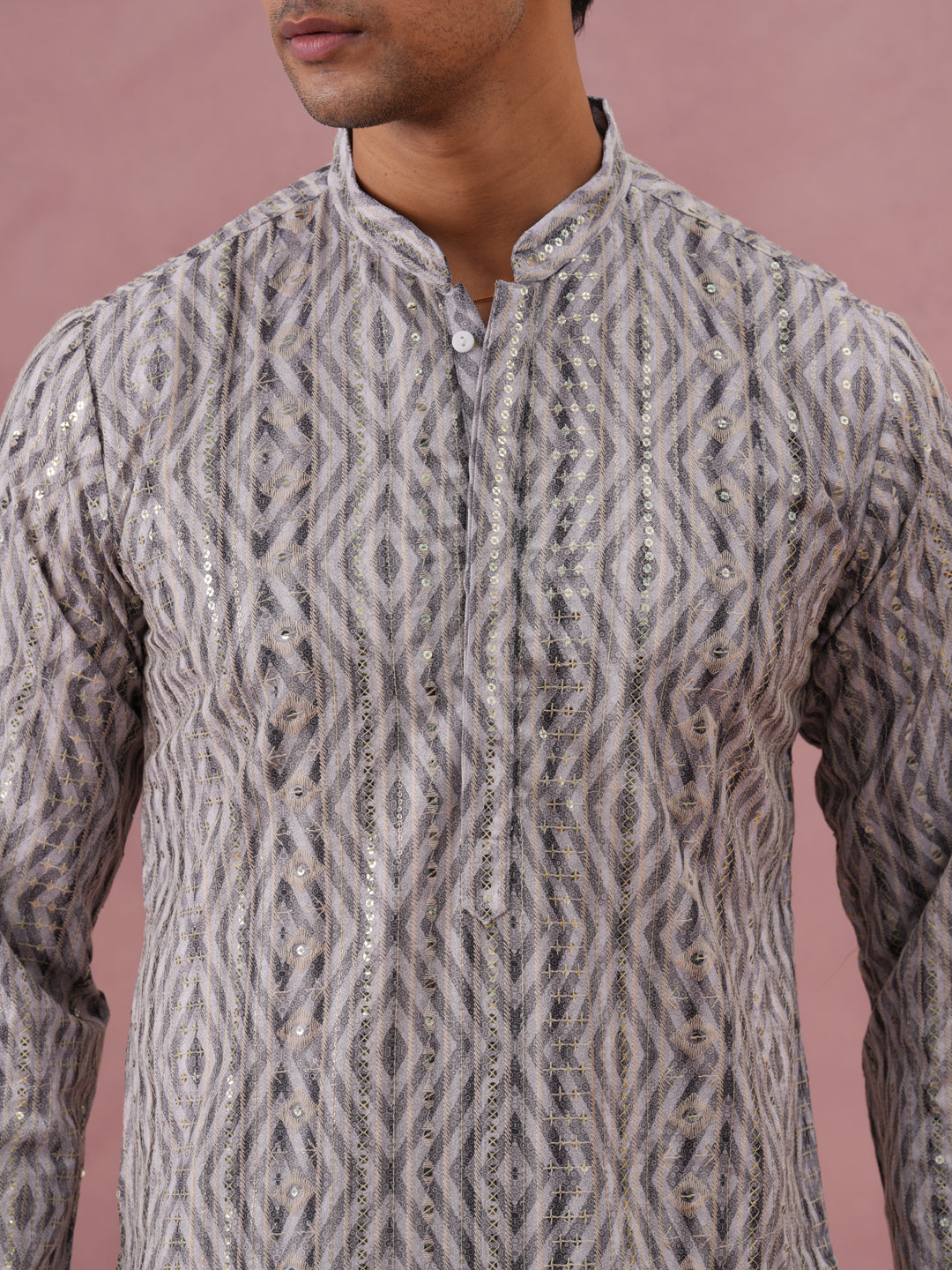 Grey Geometric Print Sequin Kurta Set