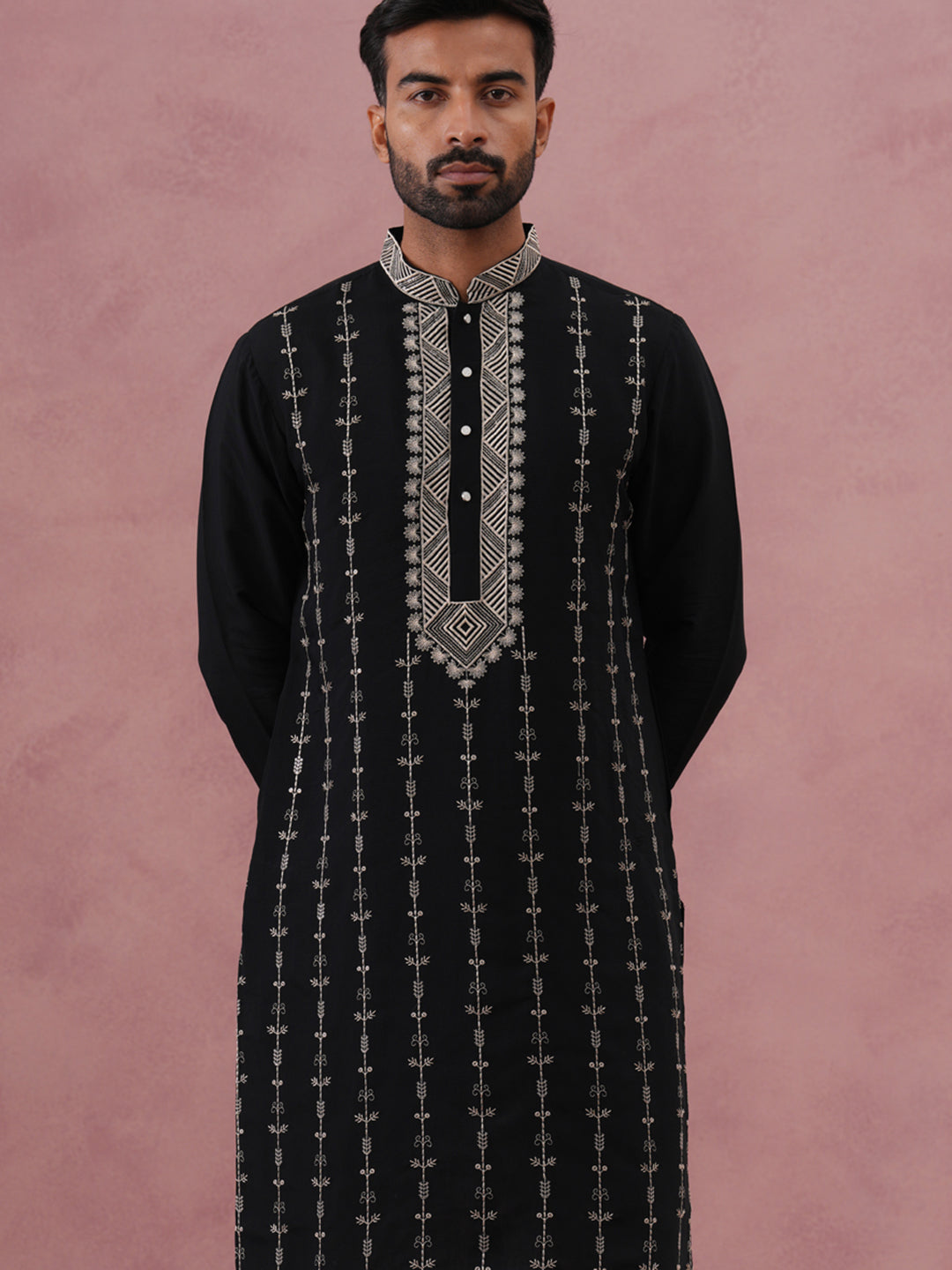 Black Silk Blend Kurta Set With Off White Geometric Embroidery