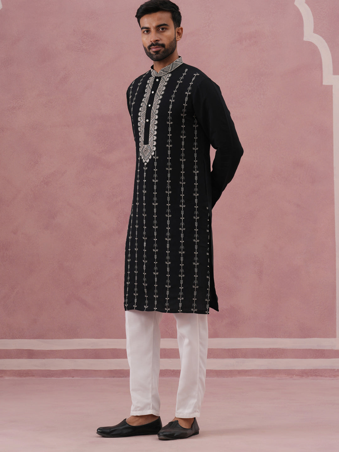 Black Silk Blend Kurta Set With Off White Geometric Embroidery