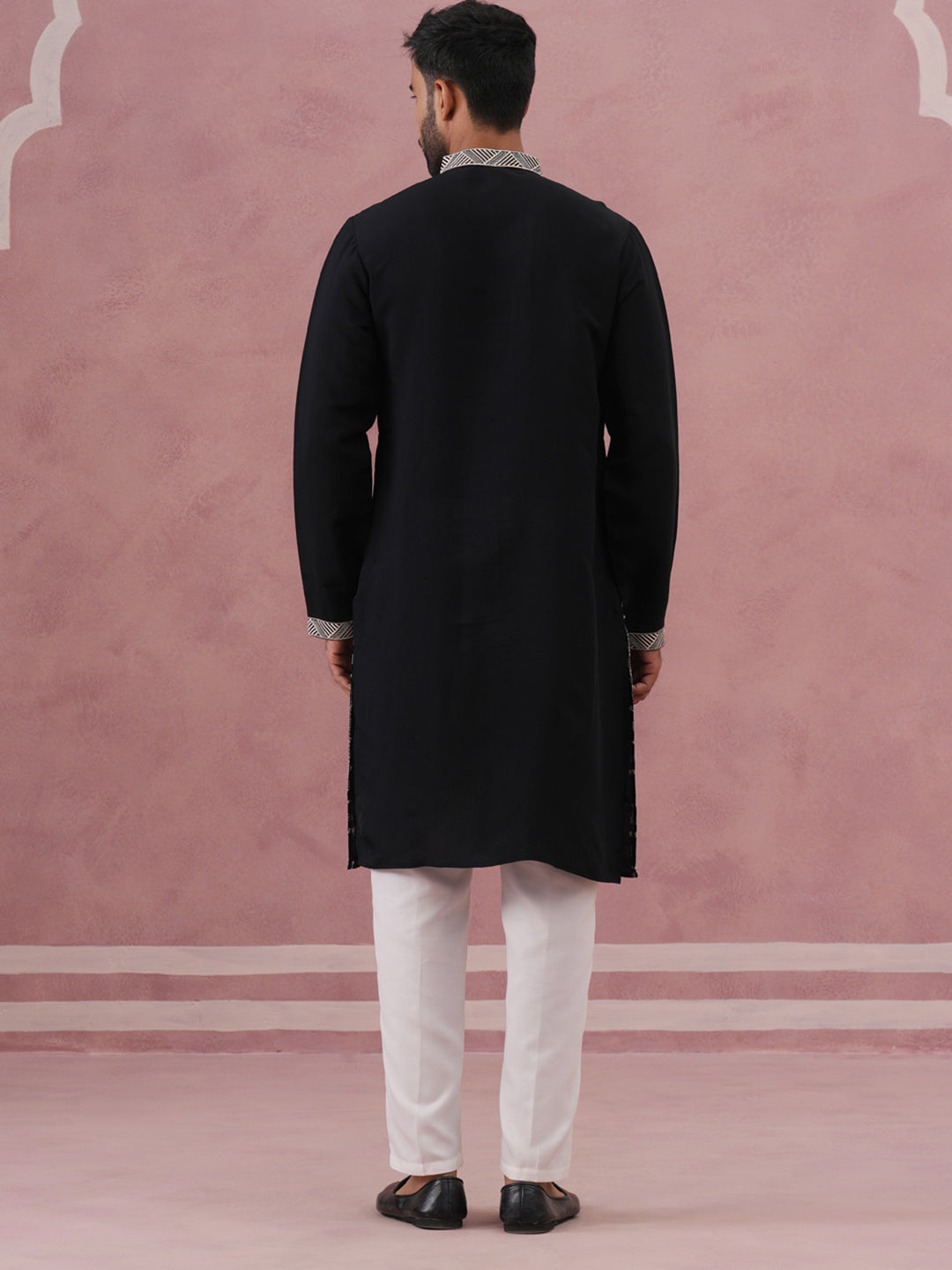 Black Silk Blend Kurta Set With Off White Geometric Embroidery