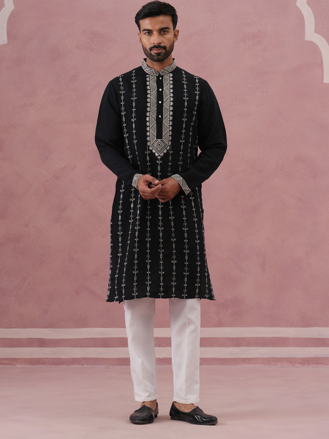 Black Silk Blend Kurta Set With Off White Geometric Embroidery