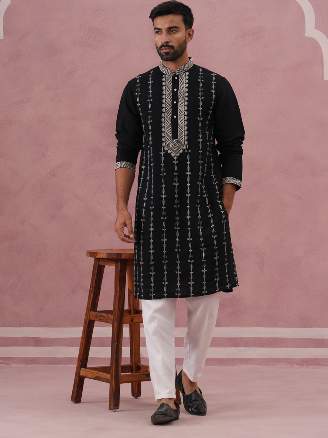 Black Silk Blend Kurta Set With Off White Geometric Embroidery