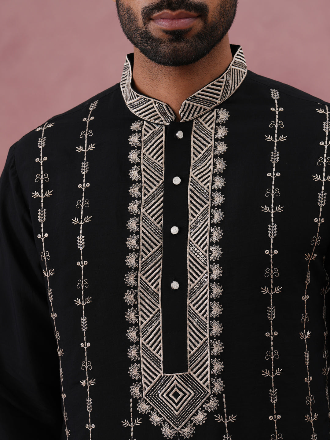 Black Silk Blend Kurta Set With Off White Geometric Embroidery